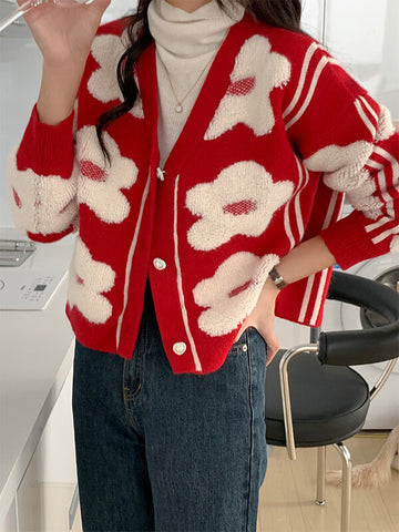 Airchics cardigans fleurie boutonnage femme mode rouge noël